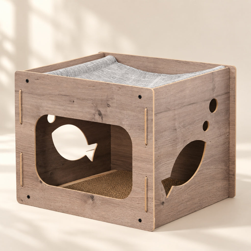 A wooden cat playhouse with fish-shaped cutouts, a gray fabric hammock, and a sisal scratching pad, shown on a warm beige background with soft leaf shadows.